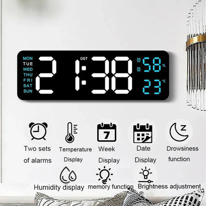 Large LED Digital Wall Clock – With Temperature, Humidity & Week Display