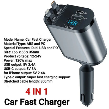VoltRush™ 4-in-1 Retractable Car Charger – Fast Power, Zero Clutter